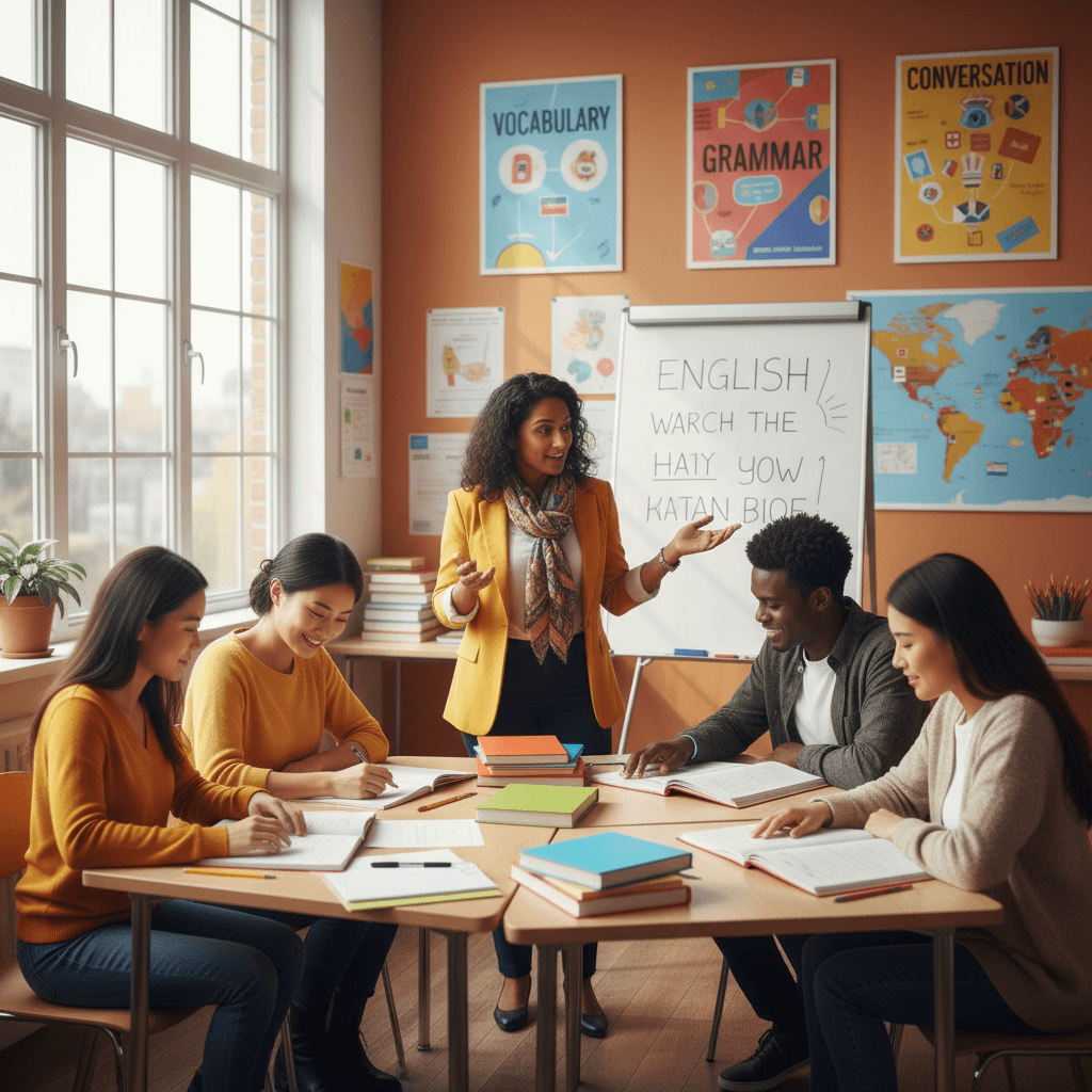 ESOL instructor teaching English to diverse adult learners