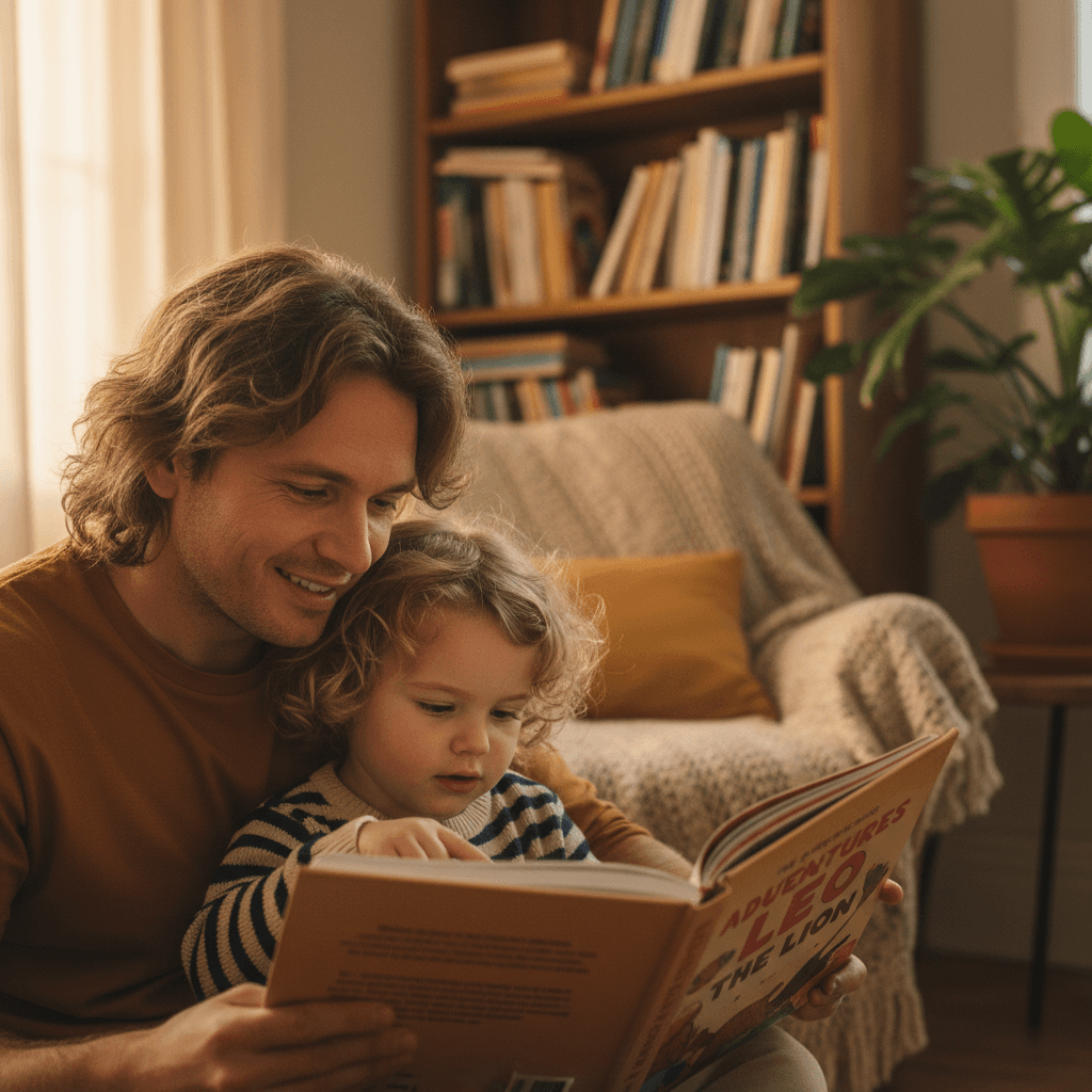 Parent and child engaged in guided reading activity for literacy development