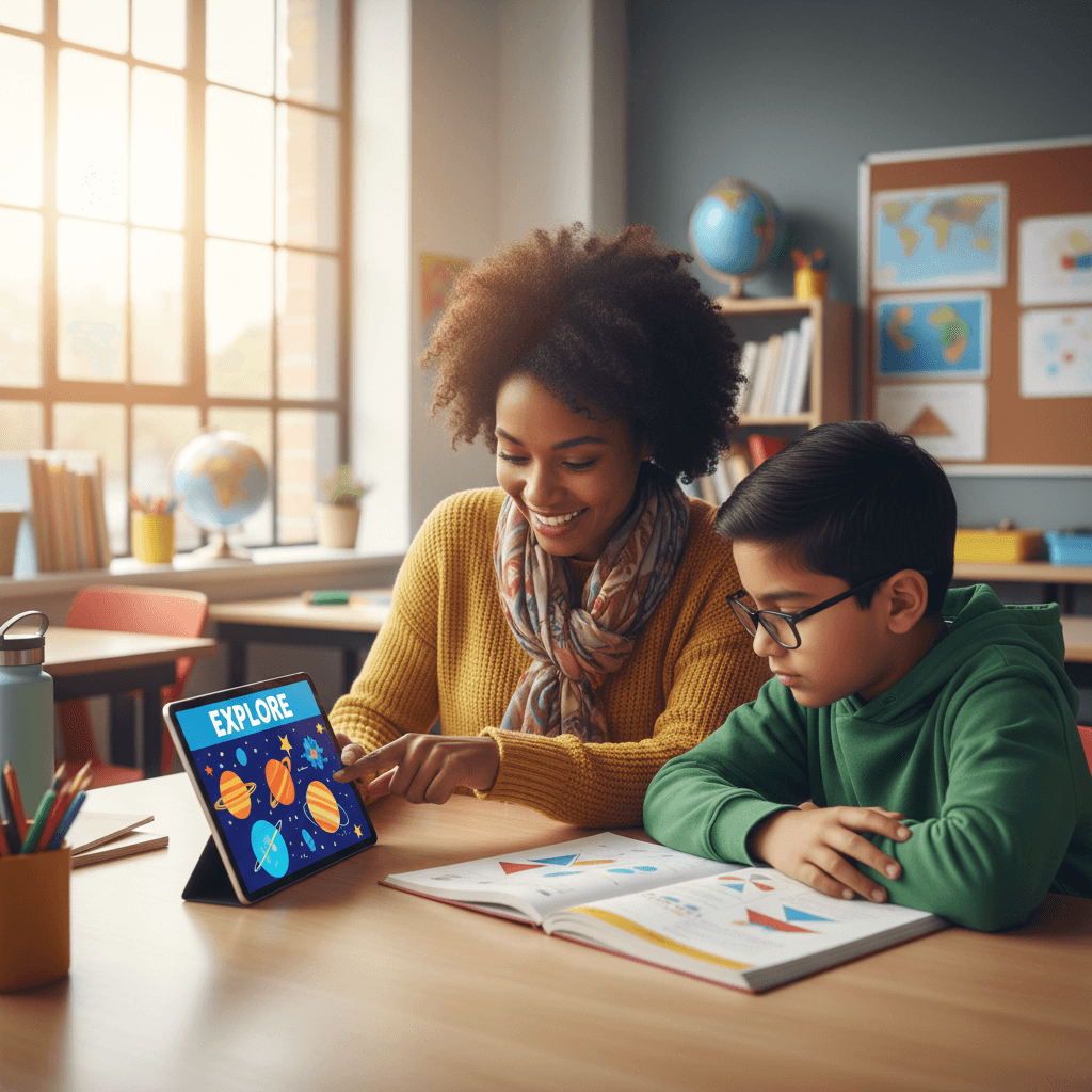 Educator and student collaborating on lesson with visual learning materials