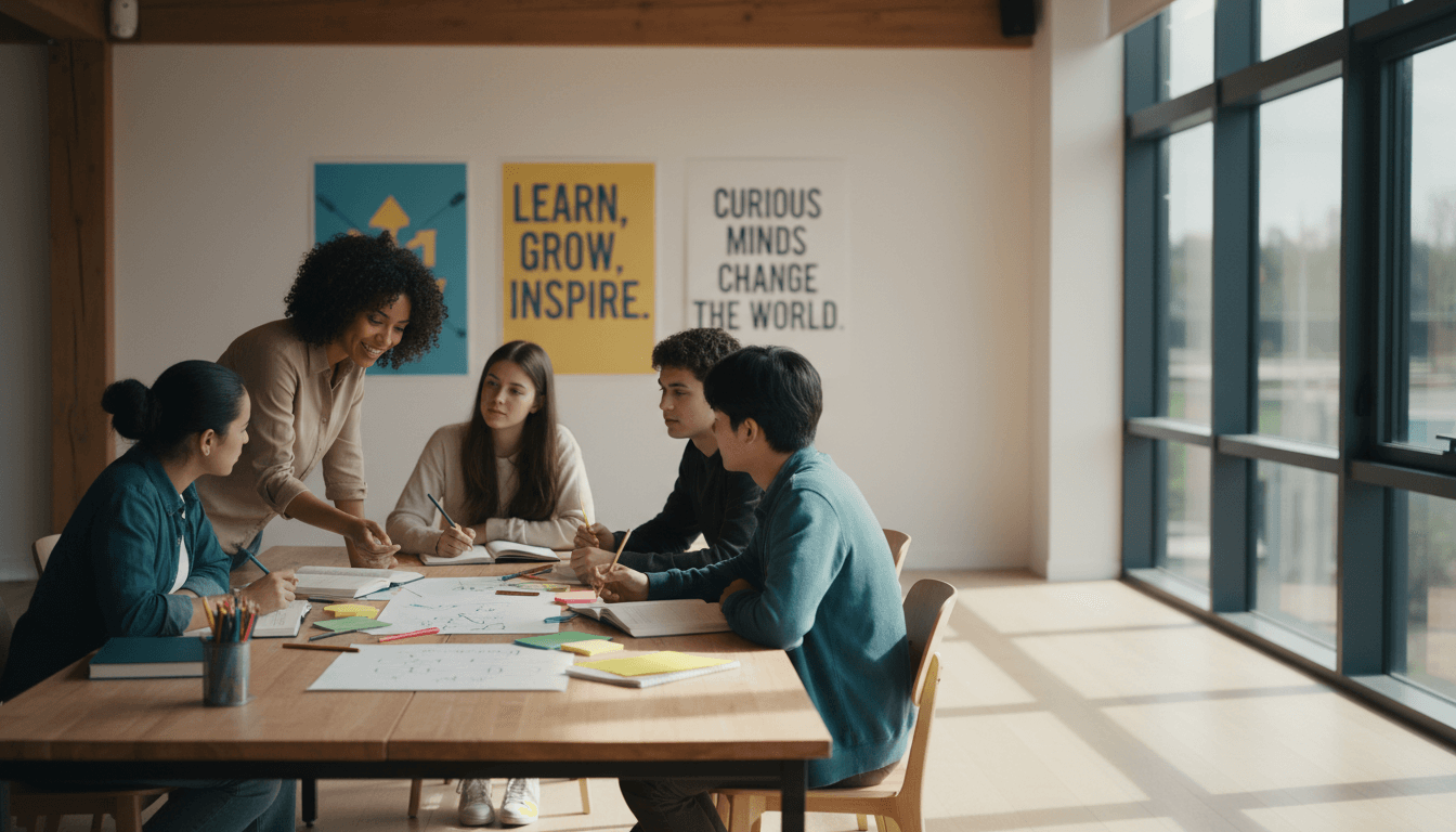 Educator working with diverse students in a collaborative learning environment