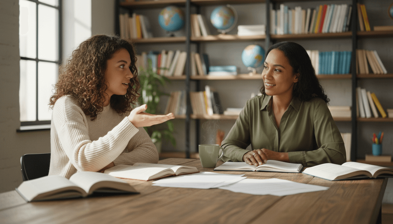 Educator and student engaged in focused one-on-one learning session at wooden table with books and materials