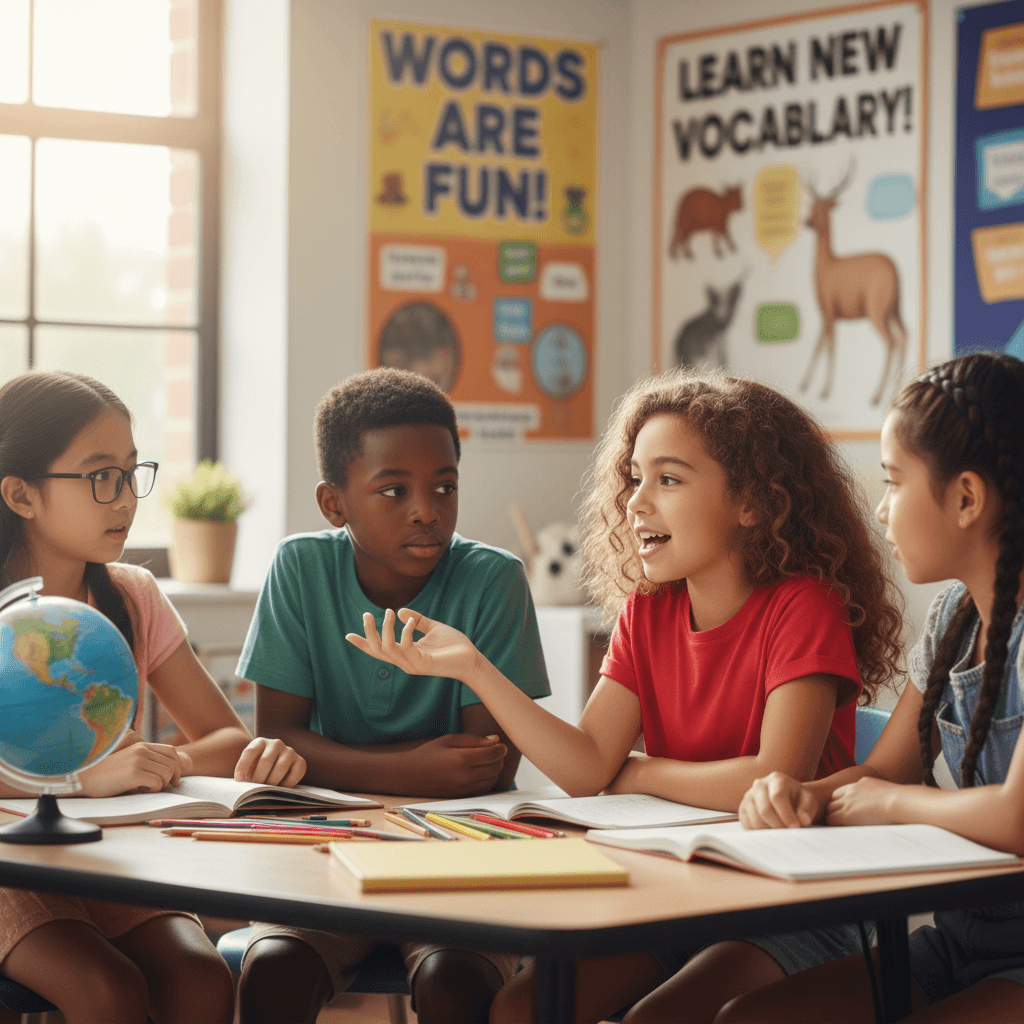 Diverse students participating in engaged English language learning activity