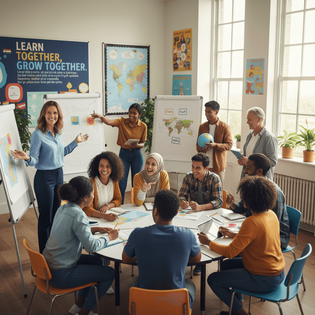 ESOL instructor facilitating an interactive learning activity with diverse students