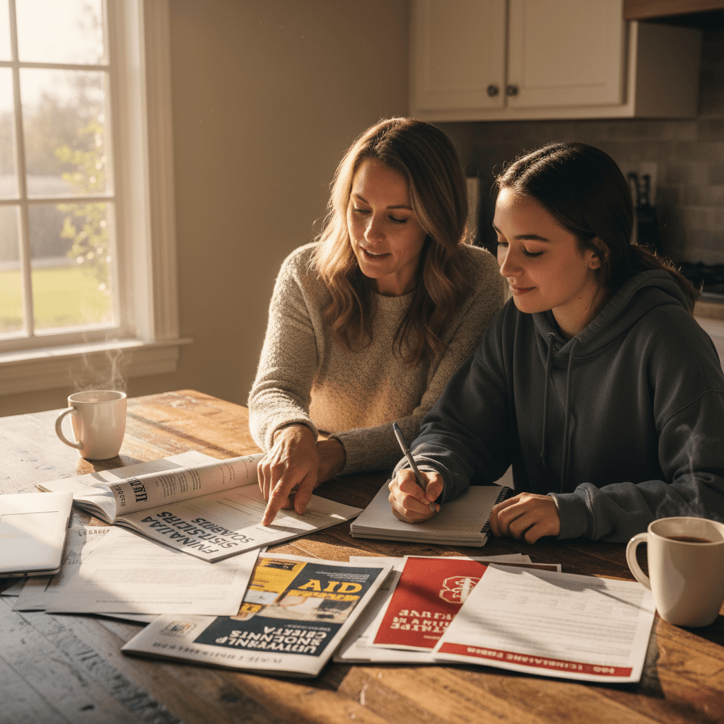 Parent and student reviewing college admissions materials together