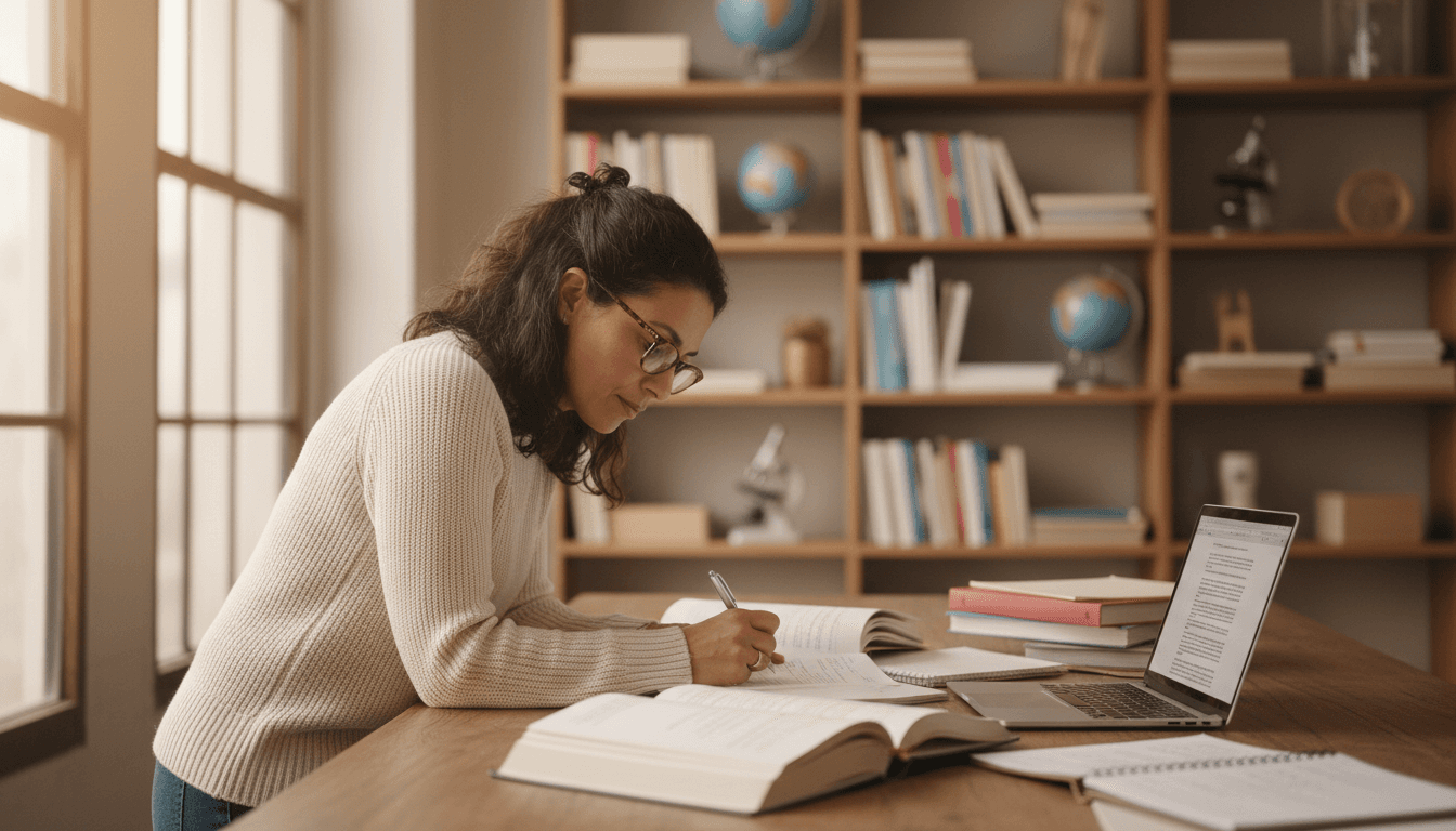 Victoria Flack reviewing educational materials at her desk in her Lorton consulting office