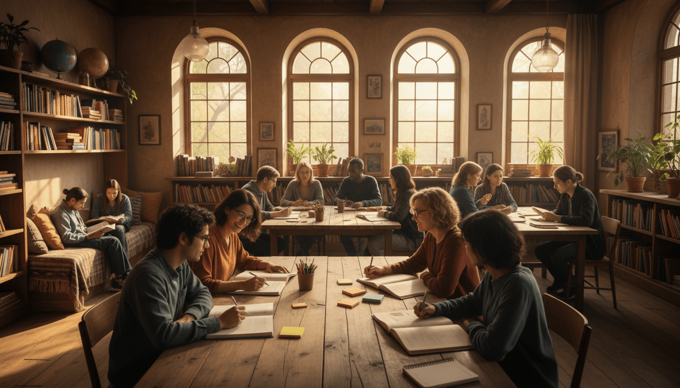 Educators and learners collaborating in a warm, naturally lit educational space