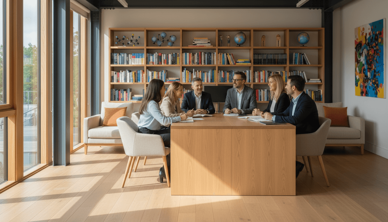 Bright educational consulting workspace with natural light, open collaborative environment, and diverse group engaged in learning discussion