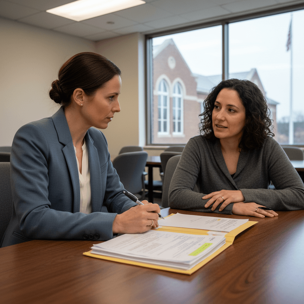Educational advocate listening and taking notes during a school meeting with a parent