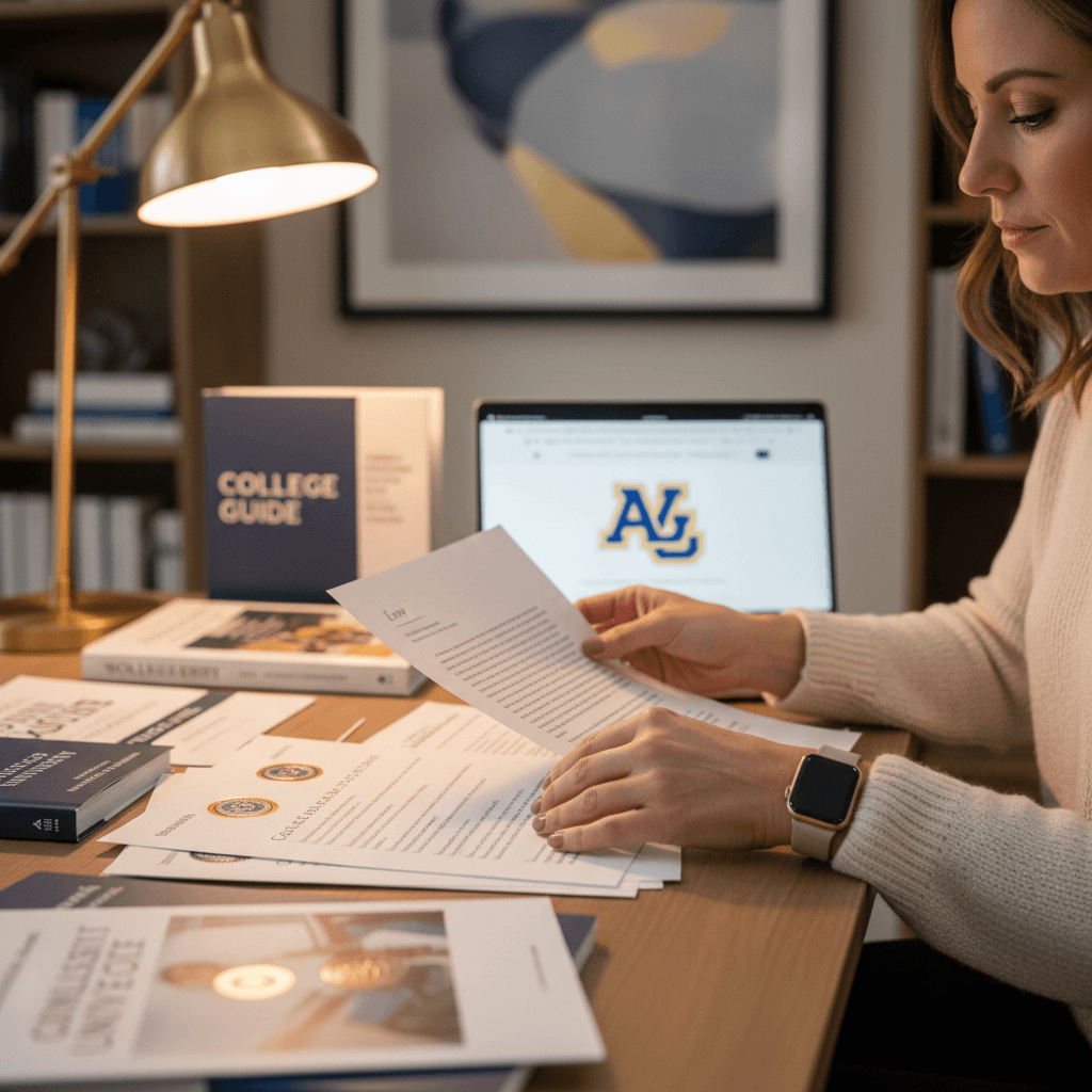 Educational consultant reviewing college materials and acceptance letters with a student
