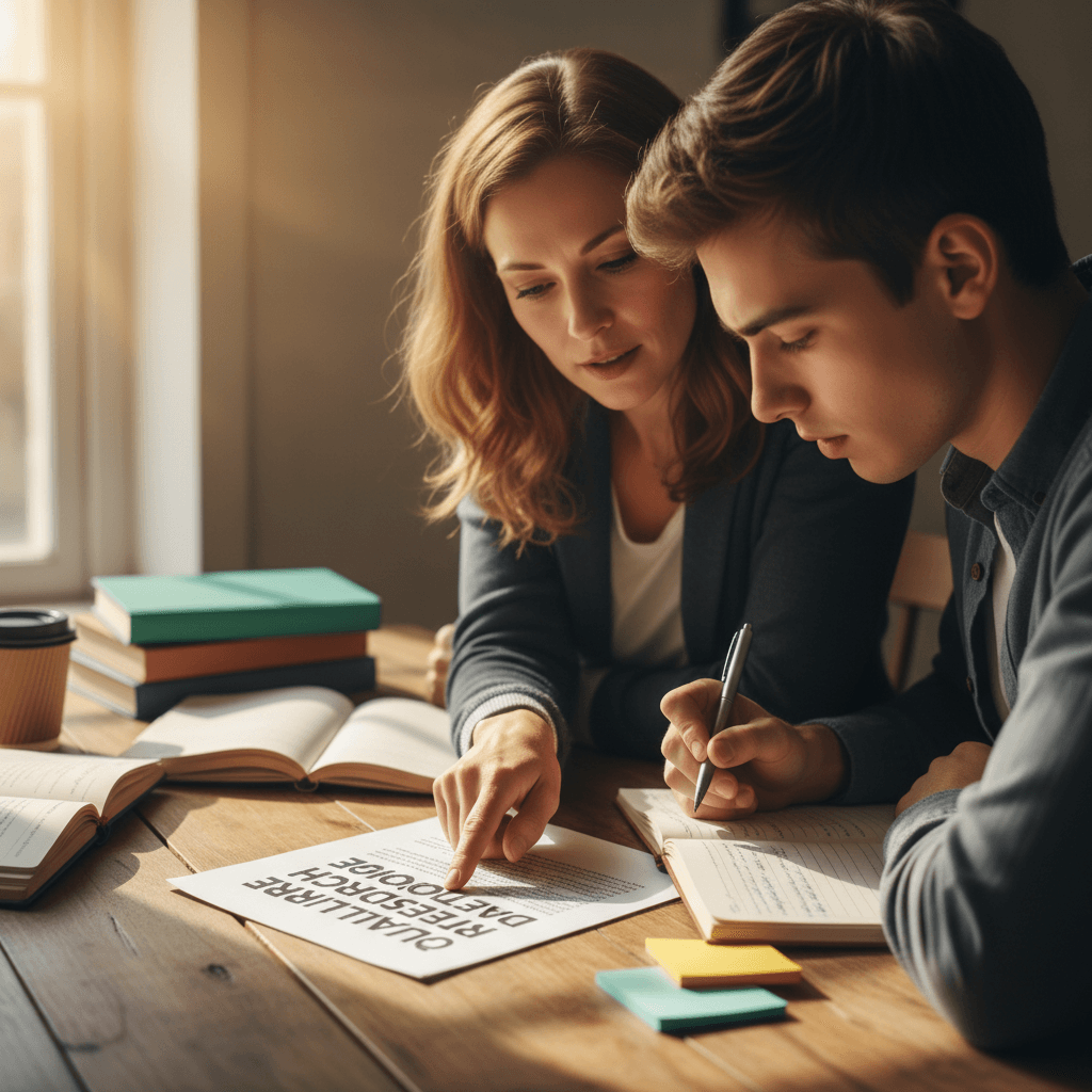 Tutor and student collaborating on academic materials during a tutoring session